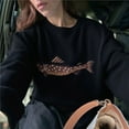 thumbnail image 5 of Women Contrast Fish Sweater Long Sleeve Crew Neck Ribbed Knit Pullover Sweaters Fall Casual Tops Black S, 5 of 7
