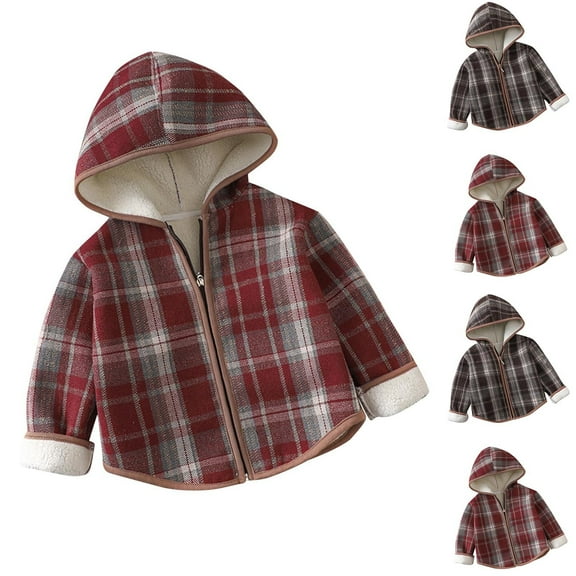 Eltusu Boys Plaid Shirts, Thermal Long Sleeve Soft Hooded Winter Jackets Red Size 1-7 T
