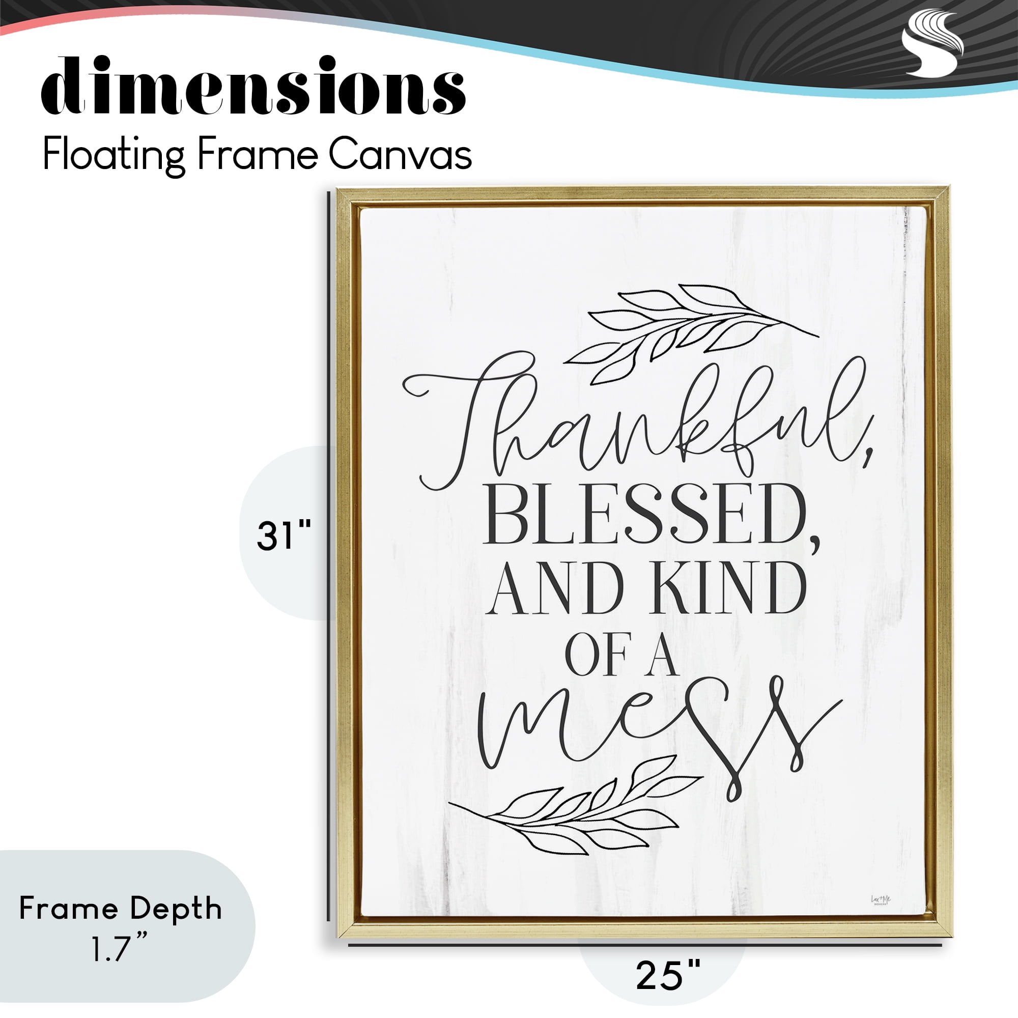 Stupell Industries Thankful Bless & A Mess Gold Framed Floater Canvas Wall Art, design by Lux + Me Designs