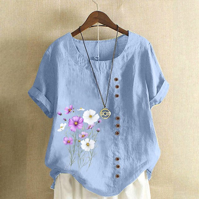 Lydiaunistar Plus Size Summer Tops for Women Printed Short Sleeve Button Blouse, Casual Linen-Look Polyester Shirt Sizes S-5XL