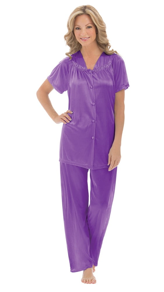 Womens Purple Plaid Button Front Pajamas Lightweight Short Sleeve Sleep Set