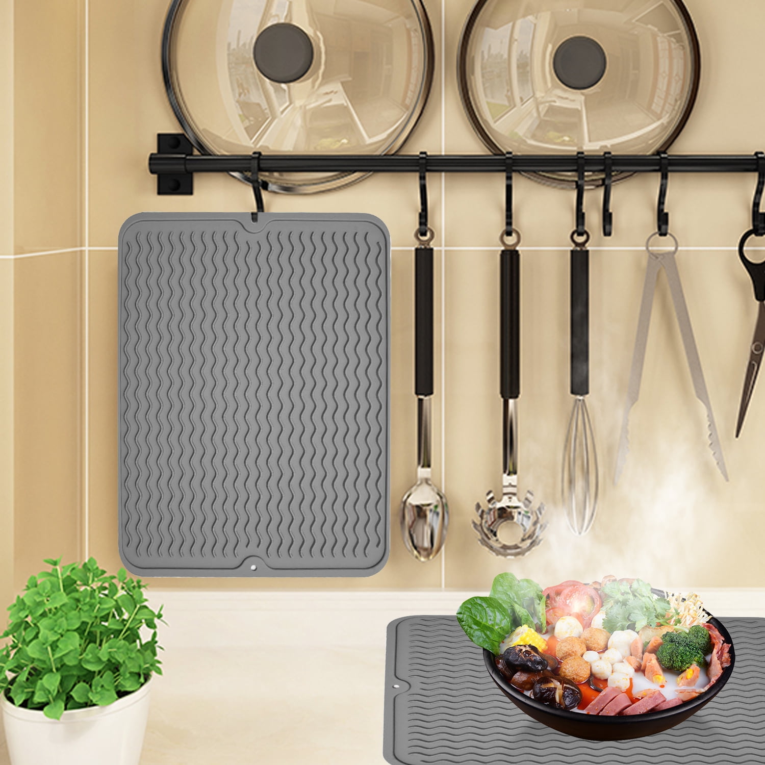 Comfy Grip Rectangle Gray Silicone Dish Drying Mat - 15 3/4 x 11 3