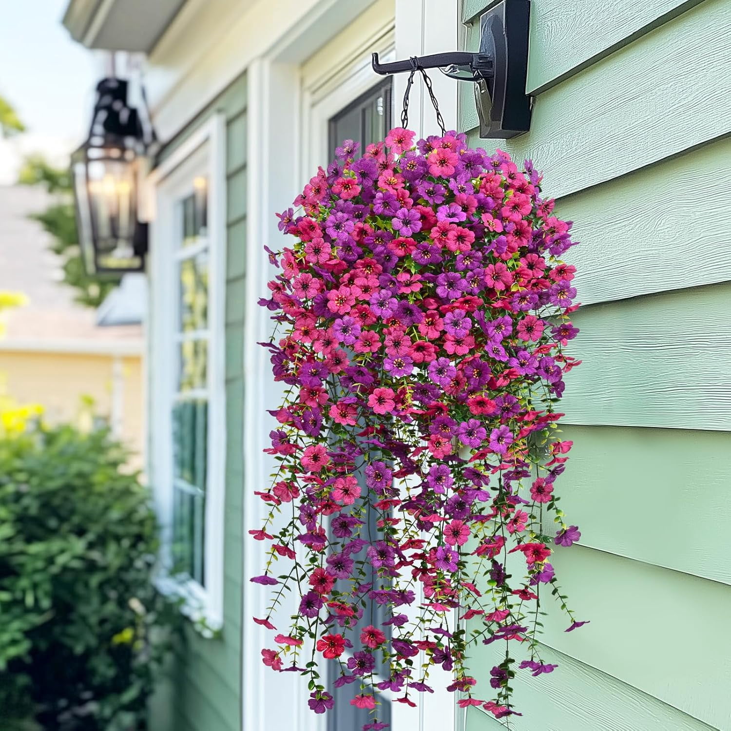 Waipfaru Artificial Hanging Flowers for Outdoors Spring Summer Decoration,2 Pcs UV Resistant Faux Silk Violet Fake Flowers for Garden Porch Window Home Decor(Purple&Rose Red)