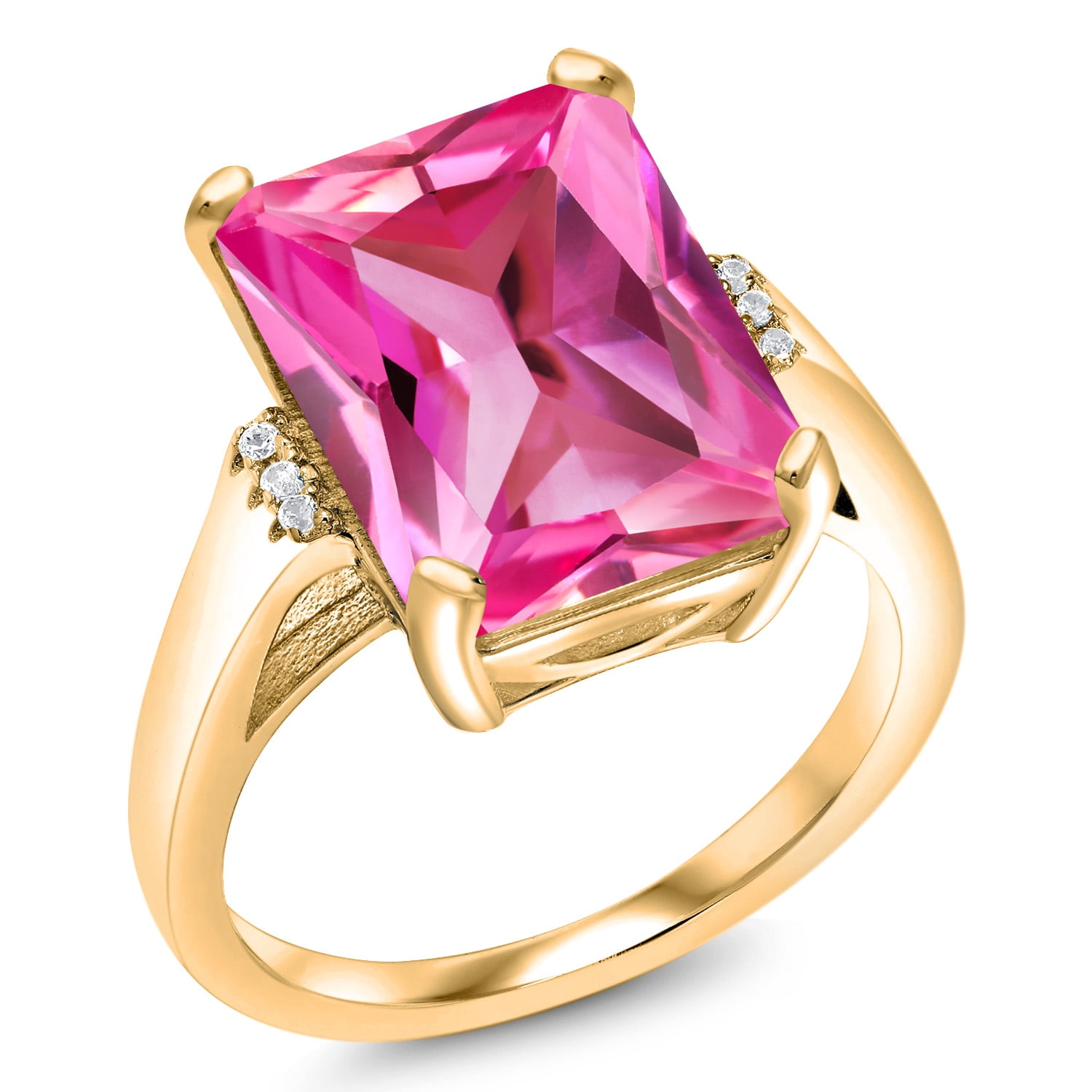 Gem Stone King 10.07 Cttw Pink Created Sapphire Engagement Ring for Women | 18K Yellow Gold Plated Silver| Octagon 14X10MM | Gemstone September Birthstone | Size 9