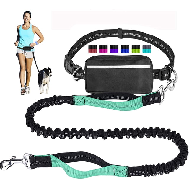 LAICAIW Laisse pour Chien Mains Libres pour Course Marche Entraînement Randonnée, Élastique Réfléchissant à Double Poignée, Pochette Distributrice de Sac à Excréments, Ceinture de Taille Ajustable, Absorption des Chocs, Idéal pour Chiens Moyens à Grands, Bla
