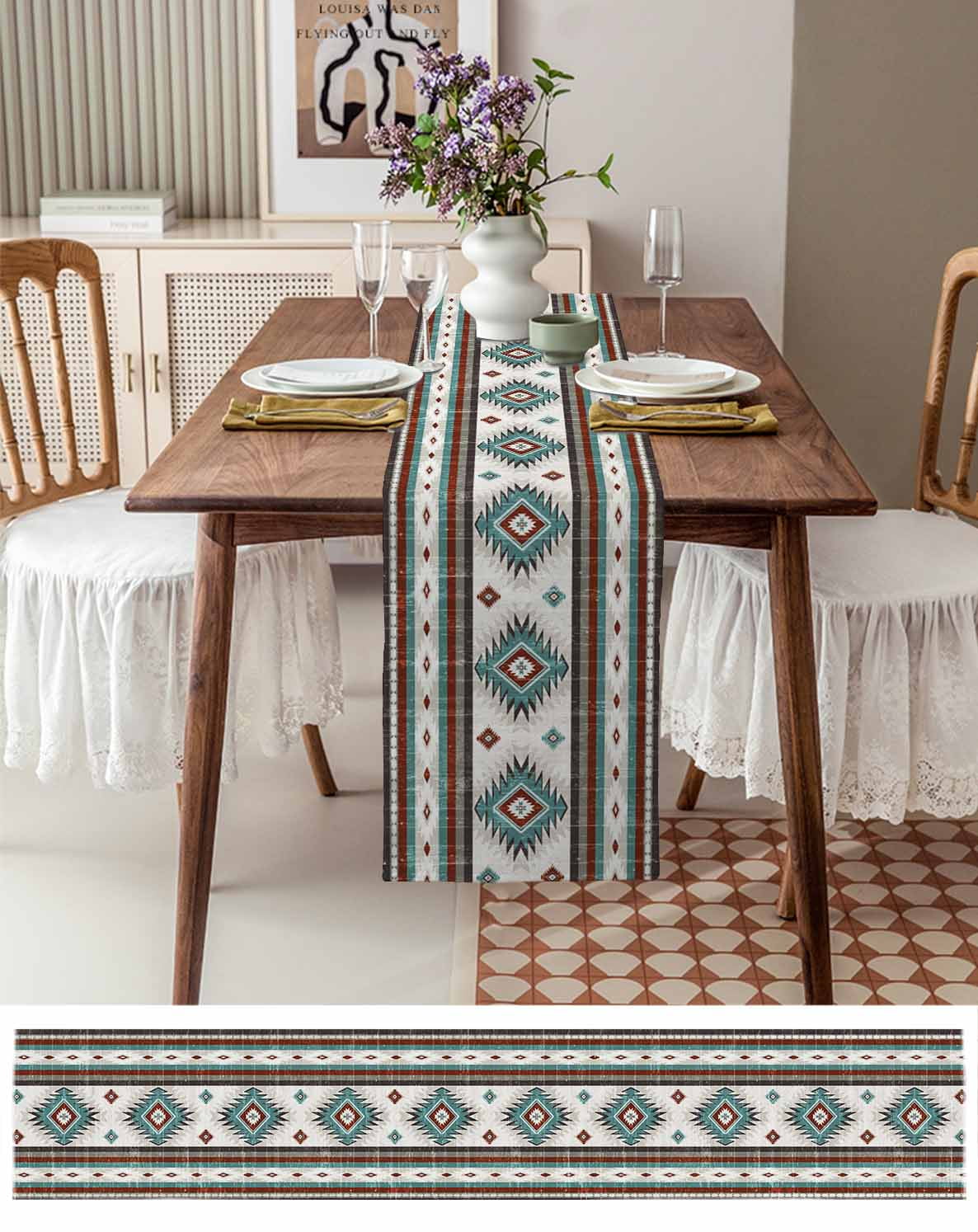 Turquoise Brown Burlap Cotton Table Runner 16x72 Inches Long, Southwestern Stripe Western Rustic Aztec Farmhouse Table Runners, Outdoor Dining Tablecloths Decor for Baby Shower/Party/Wedding