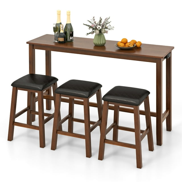 Gymax Ensemble de 4 Tables de Bar avec Prise de Courant, Table de Comptoir et 3 Tabourets de Bar
