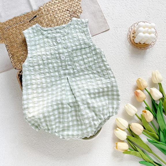BRGZLK Baby Onsies Boys Girls Fashion Cute Plaid Print Sleeveless Jumpsuit Baby Summer Soft Comfy Cotton Bodysuits Green 3-6 Months
