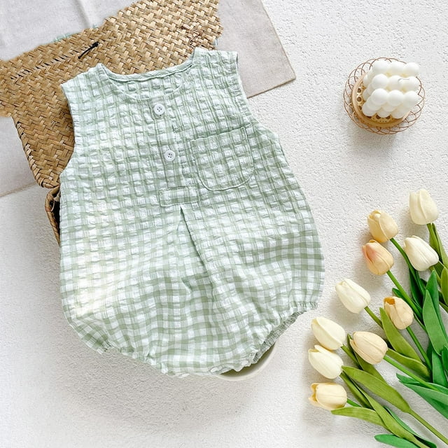 Amzcrzy Children Polyester Top Fashionable Children's Plaid Sleeveless Jumpsuit Baby Summer Breathable Bag Fart Jacket Baby Girl Clothes Baby Girl Newborn Essentials Newborn Girl Clothes