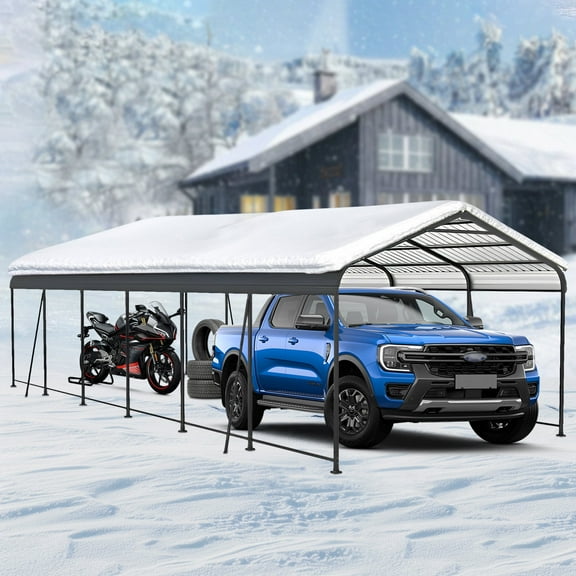 12 x 32 FT Heavy Duty Metal Carport – Galvanized Steel Carports Canopy & Frame, All-Weather Portable Car Garage Shelter for Car, Pickup Truck, RV, Boat, and Outdoor Storage (Charcoal)