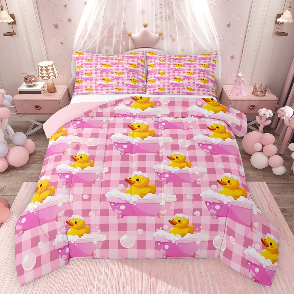 Feelyou Cute Yellow Duck Full Size Comforter Sets for Kid Kawaii Summer Animal Bedding Comforter Set Cartoon Pink Buffalo Reversible Bedding Sets Super Cozy Room Decor 3-Piece