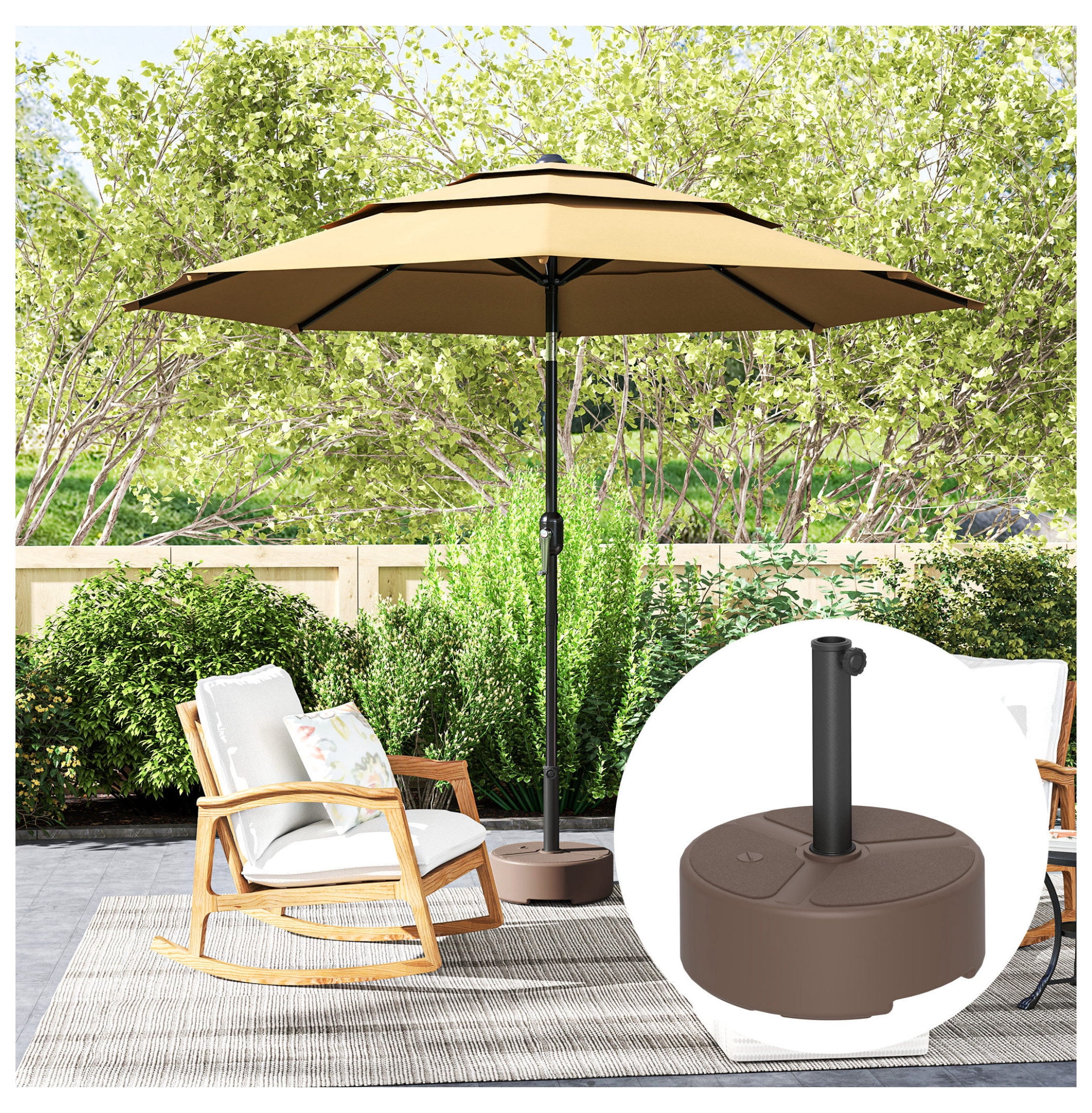 Round Patio Umbrella Base Holder, Heavy Duty Outdoor Umbrella Stand Base, Filled Up to 44lbs with Stand or 40lbs with Water for Garden, Poolside, Brown