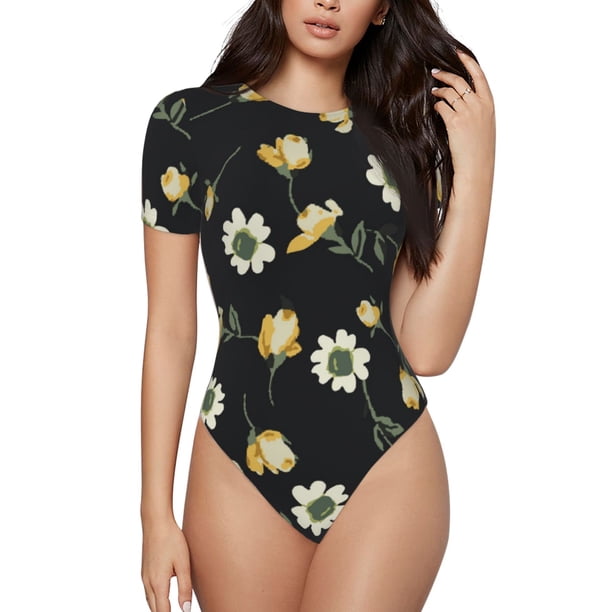 Balery Daisy Body de cuello redondo de manga corta para mujer Tops de manga corta Tops básicos-Large