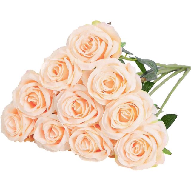 Artificial Silk Rose Flower Single Stem Lifelike Fake Rose for Wedding Bouquet Flower Arrangements Home Party Centrepiece Decoration, 10 Pieces (Champagne)