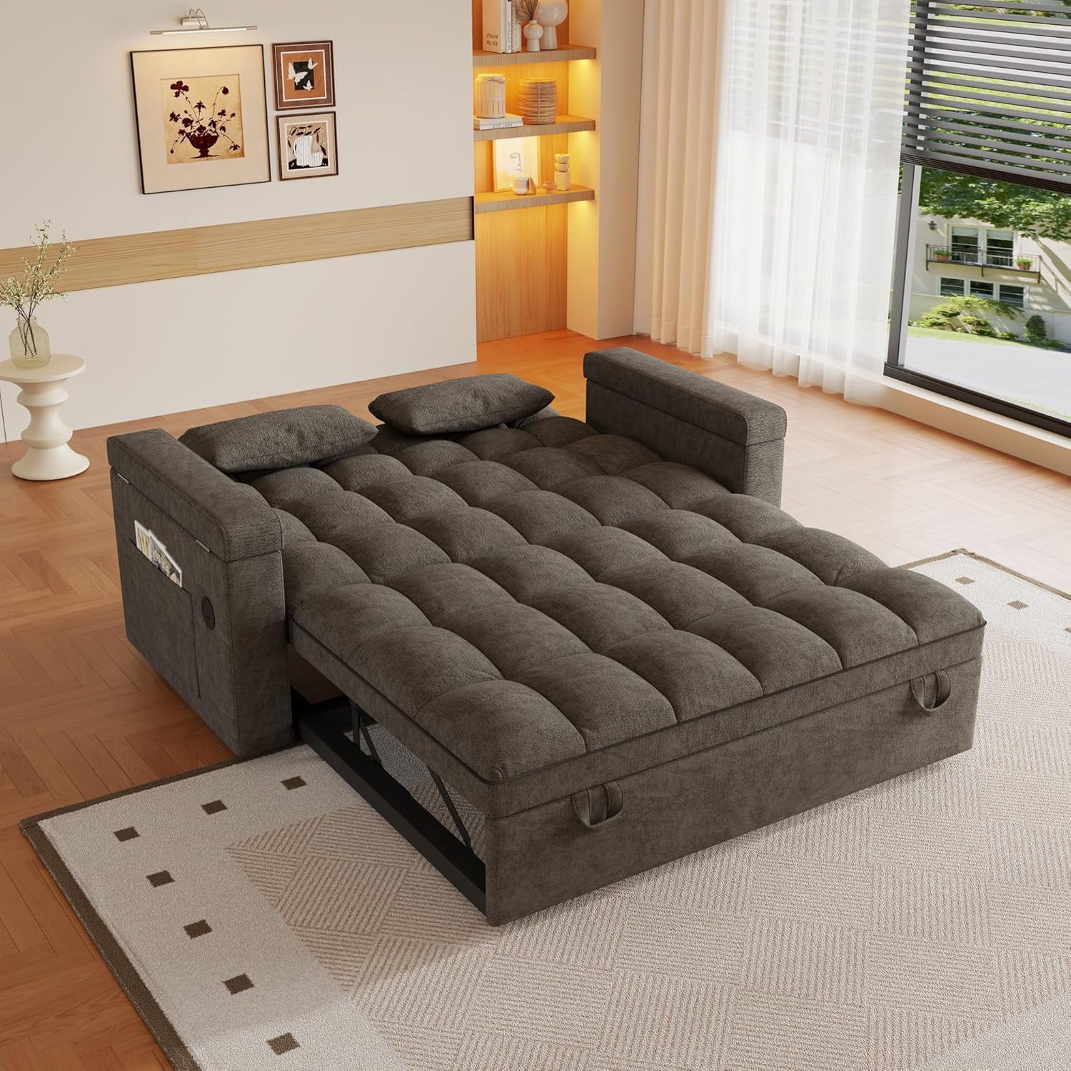 3 in 1 Convertible Sleeper Sofa,Sleeper Couch with Pull Out Bed, Storage Armrests and Laptop Table for Living Room,Sleeper Sofa, Pullout Couch Bed