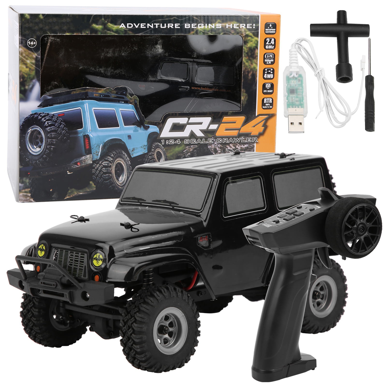 RC Rock Crawler 1/24 Scale 2.4GHz 4WD Waterproof Off-Road RC Car with 600mAh Battery & 15 km/h Speed USB Charging High Simulation Remote Control Truck RTR Toy for Kids and Adults Black 