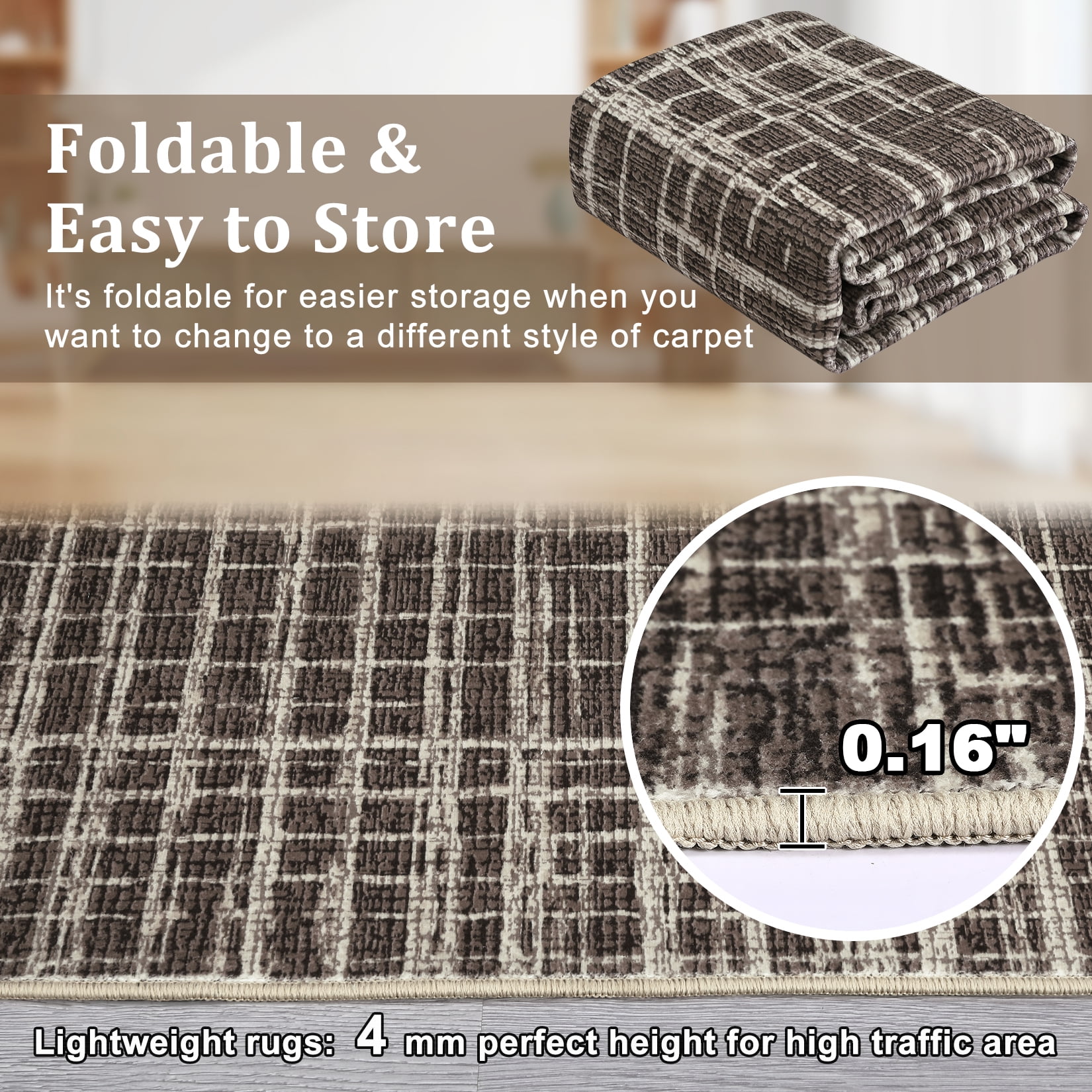 Hasoo Modern Washable Large 9' x 12' Geometric Grid Area Rug for Living Room Soft Indoor Carpet, Brown