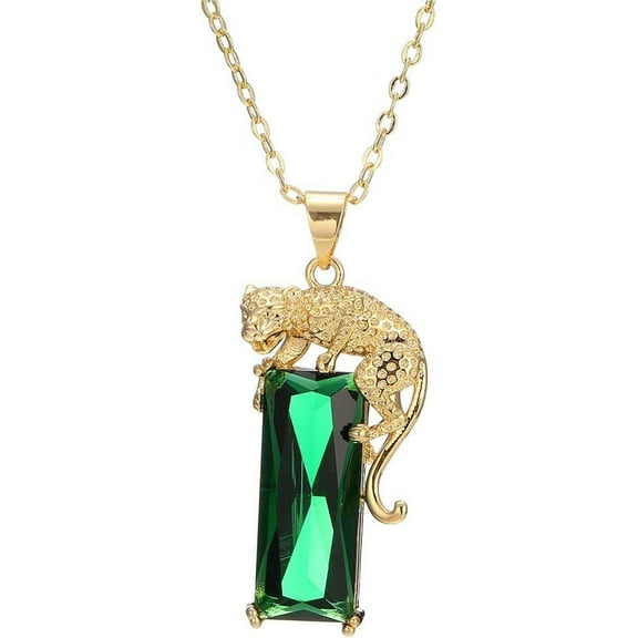 14K Gold Plated Green Crystal Leopard Pendant Necklace, Women Mens Hip Hop Punk Created Emerald Panther Necklace Jewelry