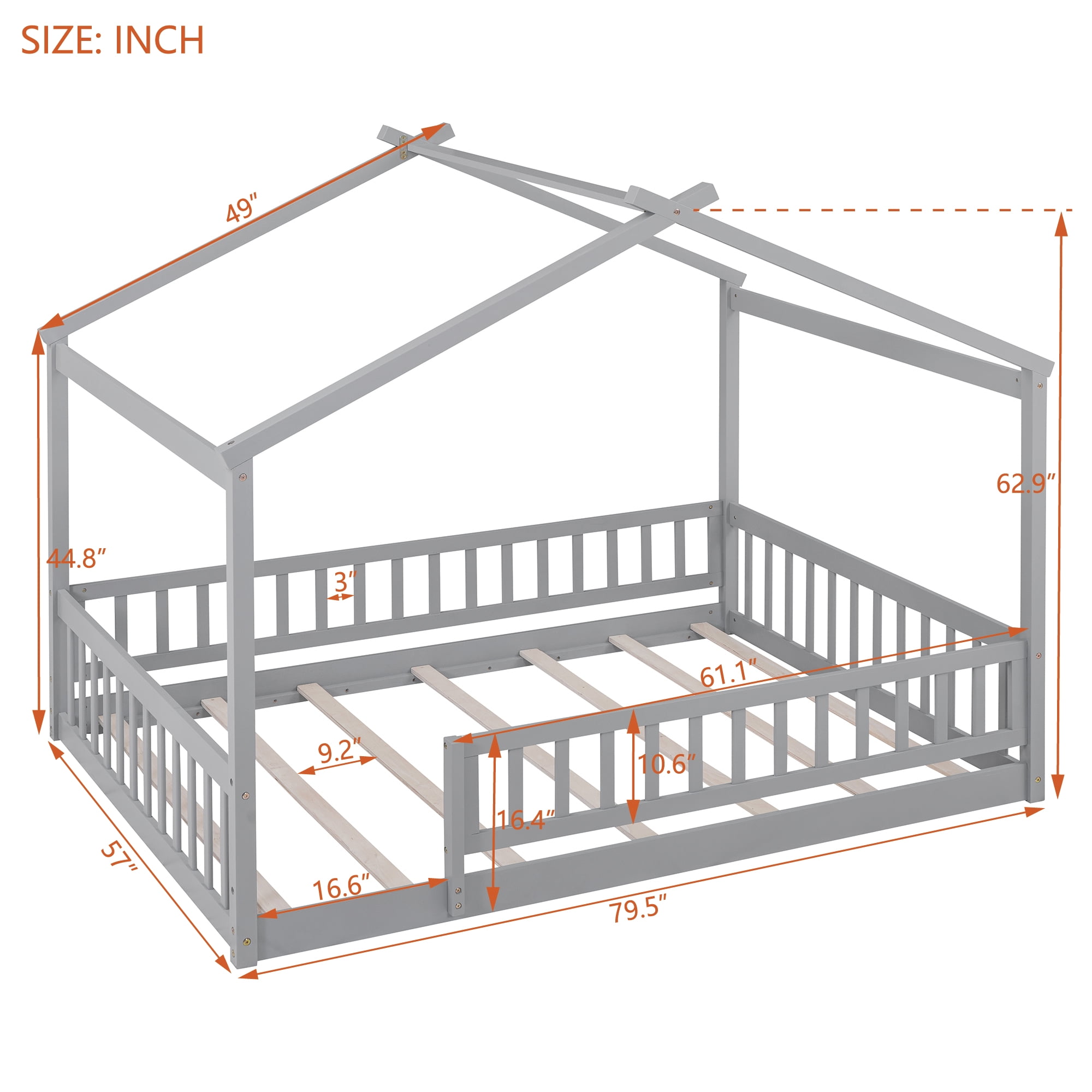 Bellemave Full Size House Floor Bed, Wooden Montessori Full Bed with Fence Railings and Support Slats, No Box Spring Needed (Gray)
