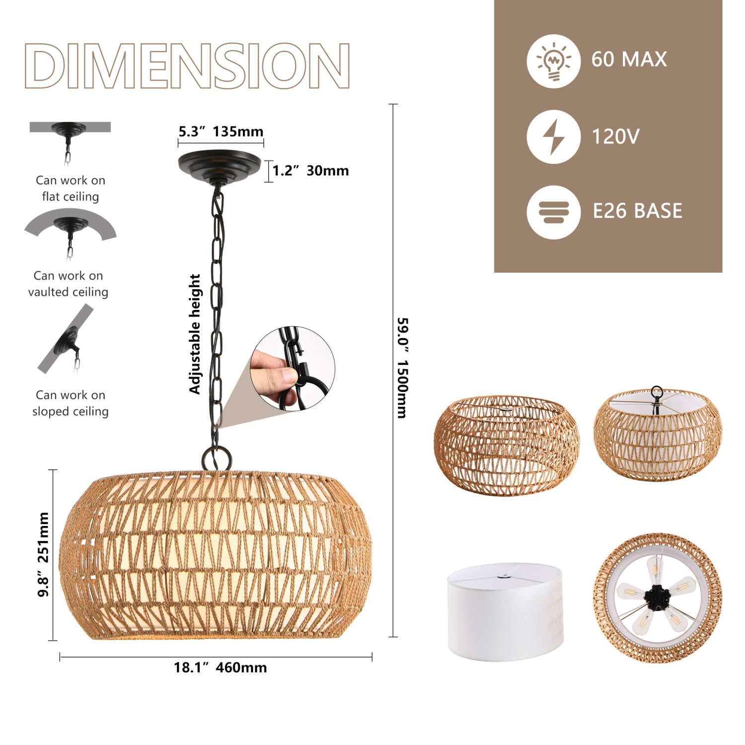 18” Farmhouse Pendant Light with Adjustable Height  Boho Woven Jute Rope Hanging Ceiling Light Fixture  E26 Base  60W Max  Compatible with Flat  Vaulted  and Sloped Ceil (Bulb Not Include