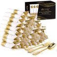 thumbnail image 1 of Gold Plastic Silverware Set - 30 Pre rolled Napkin and Cutlery Set, Wrapped Silverware Set, Gold Rolled Plastic Utensils with 30 Forks, 30 Knives, 30 Spoons and 30 Napkins for Party, Wedding, 1 of 7