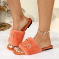thumbnail image 6 of Women's Faux Fleece Memory Foam House Slippers with Metal Decoration, Square Open Toe Slides, Plush Flat Indoor Outdoor Footwear Orange-A, 6 of 9