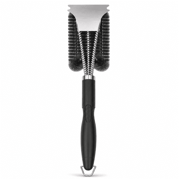 PLERISE Grill Brush and Scraper with Wire Bristles, Triple Scrubber Cleaning Tool for Gas and Charcoal Grills (Black)