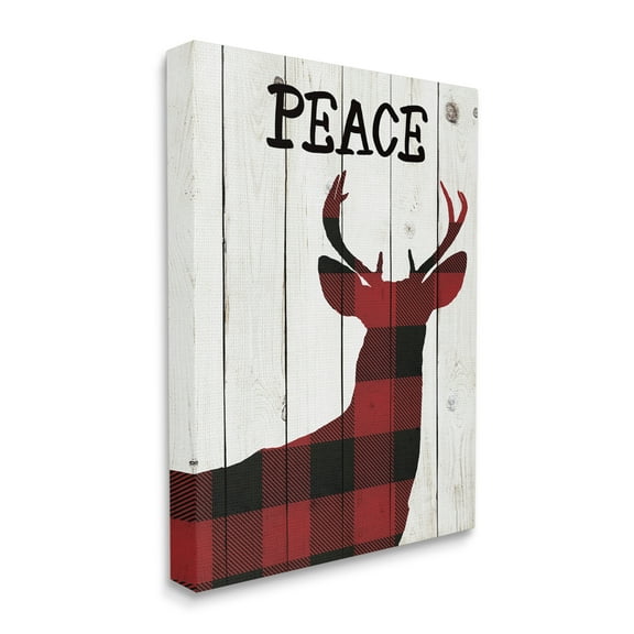 Stupell Industries Checker Plaid Reindeer Rustic Peace Text Holiday Painting Gallery Wrapped Canvas Art Print Wall Art, 16 x 20