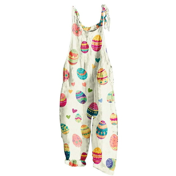 Cleaning Womens Bib Jumpsuits Easter Bamboo Cotton Backless Romper Egg Print Sleeveless Jumpsuit Baggy Casual Wide Leg Pants Romper Playsuit