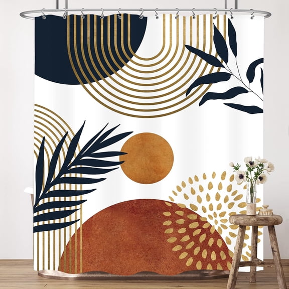 Boho Mid Century Shower Curtain 60Wx72H Inches Abstract Golden Dots Leaves Modern Geometric Minimalist Aesthetic Bathroom Cloth Fabric Waterproof Polyester Home Decor Set with Hooks