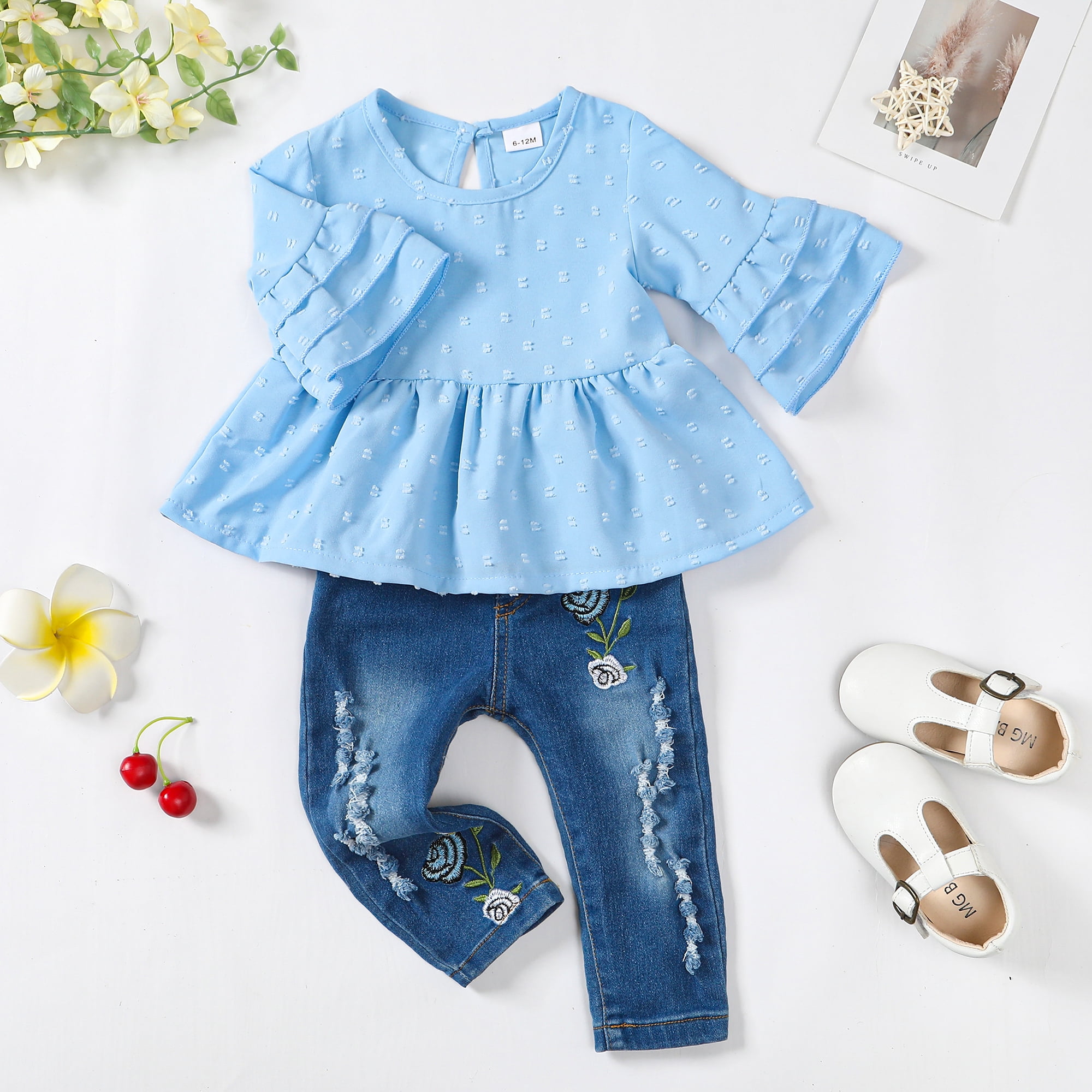 6 Months Baby Girls Clothes 12 Months Girls Denim Pant Set Outfits Set Infant Girls Medium Sleeve Solid Color Top Jeans Pants 2PCS Set Blue