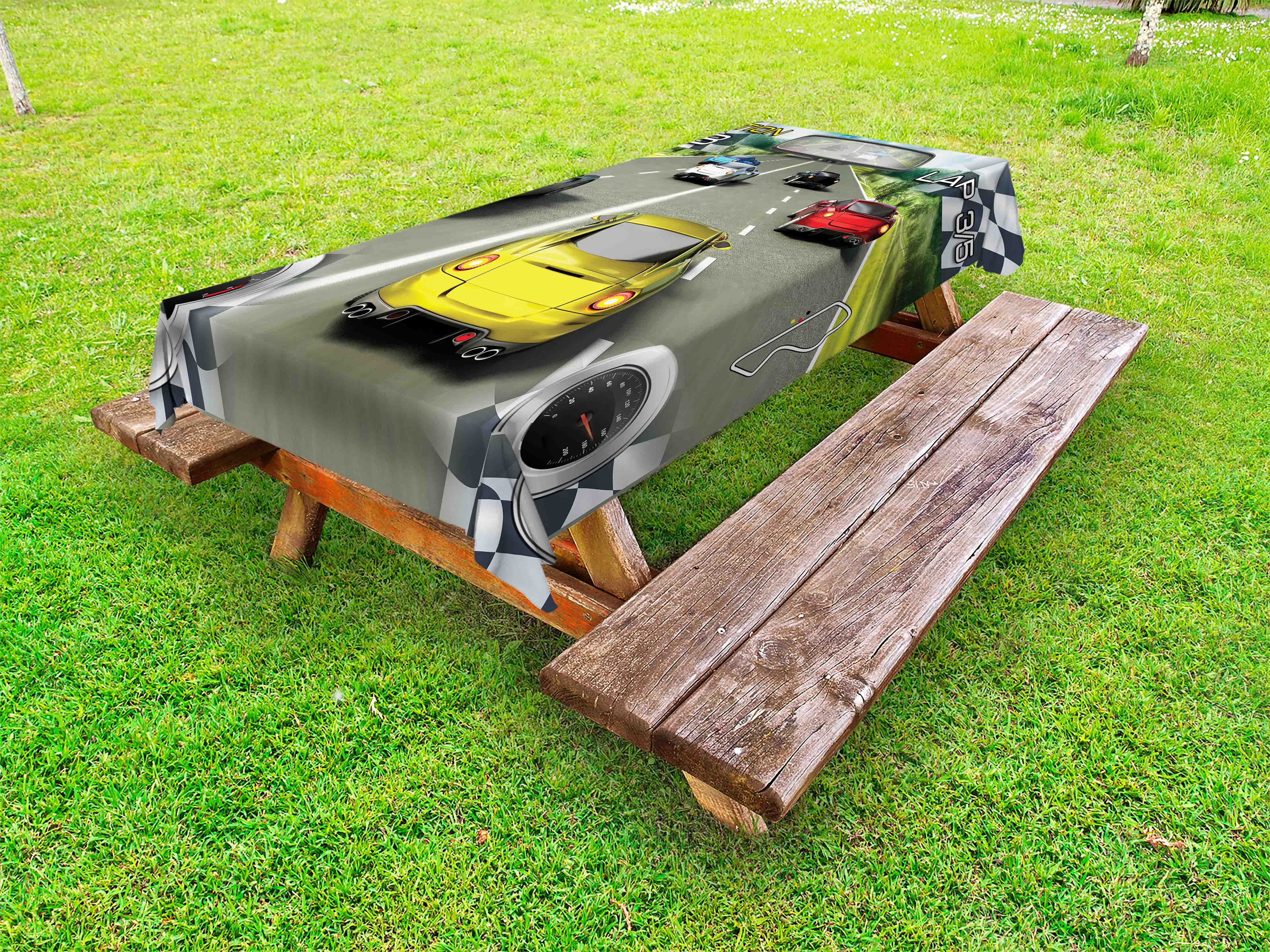 Cars Outdoor Tablecloth, Car Racing Speedy Inspired Illustration Need