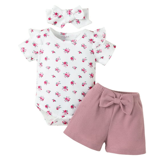 Dooleck Baby Waffle Outfit Floral Clothes Ruffle Bodysuit Onesies Shorts Pants Set