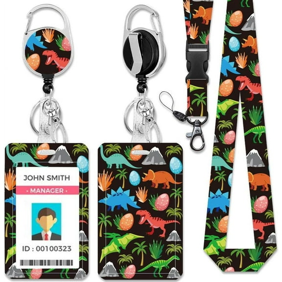 Id Badge Holder with Lanyard ID Badge Holders Rectangle Plastic Name Tag ID Card Holder with Clasp for Business ID Card Teacher Student Nurse Office Dinosaur 4.3×2.8inch