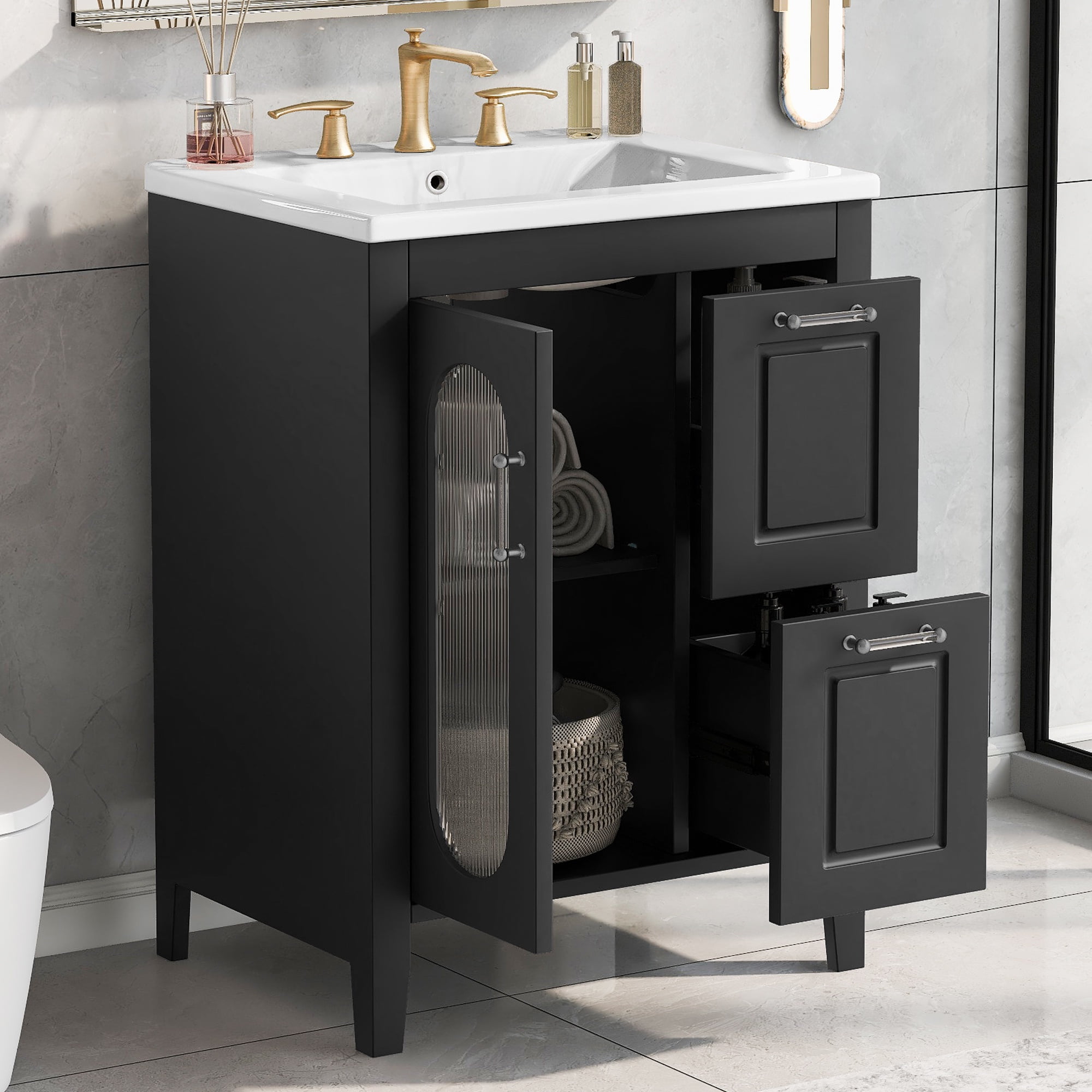 PAPROOS 24 inch Bathroom Vanity with Sink, Wood Freestanding Bathroom Cabinet Vanity with 2 Drawers and Door, Modern Bathroom Storage Cabinet with Glass Door, Adjustable Shelf and Solid Frame, Black