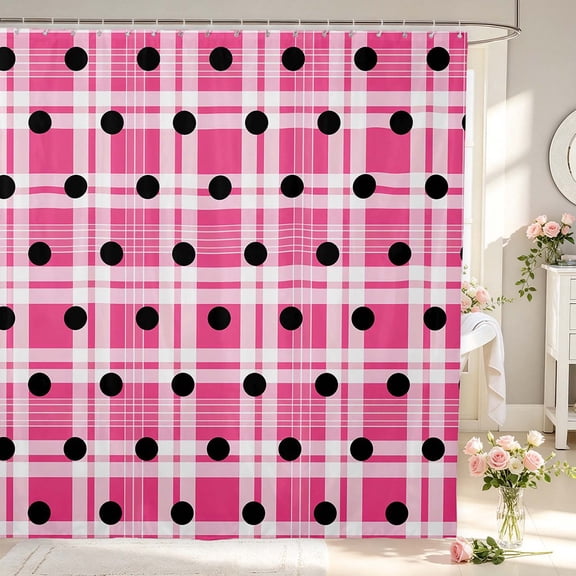 Manfei Modern Checkered Shower Curtain 72Wx72L,Minimalist Polka Dot Bathroom Curtain,Pink White