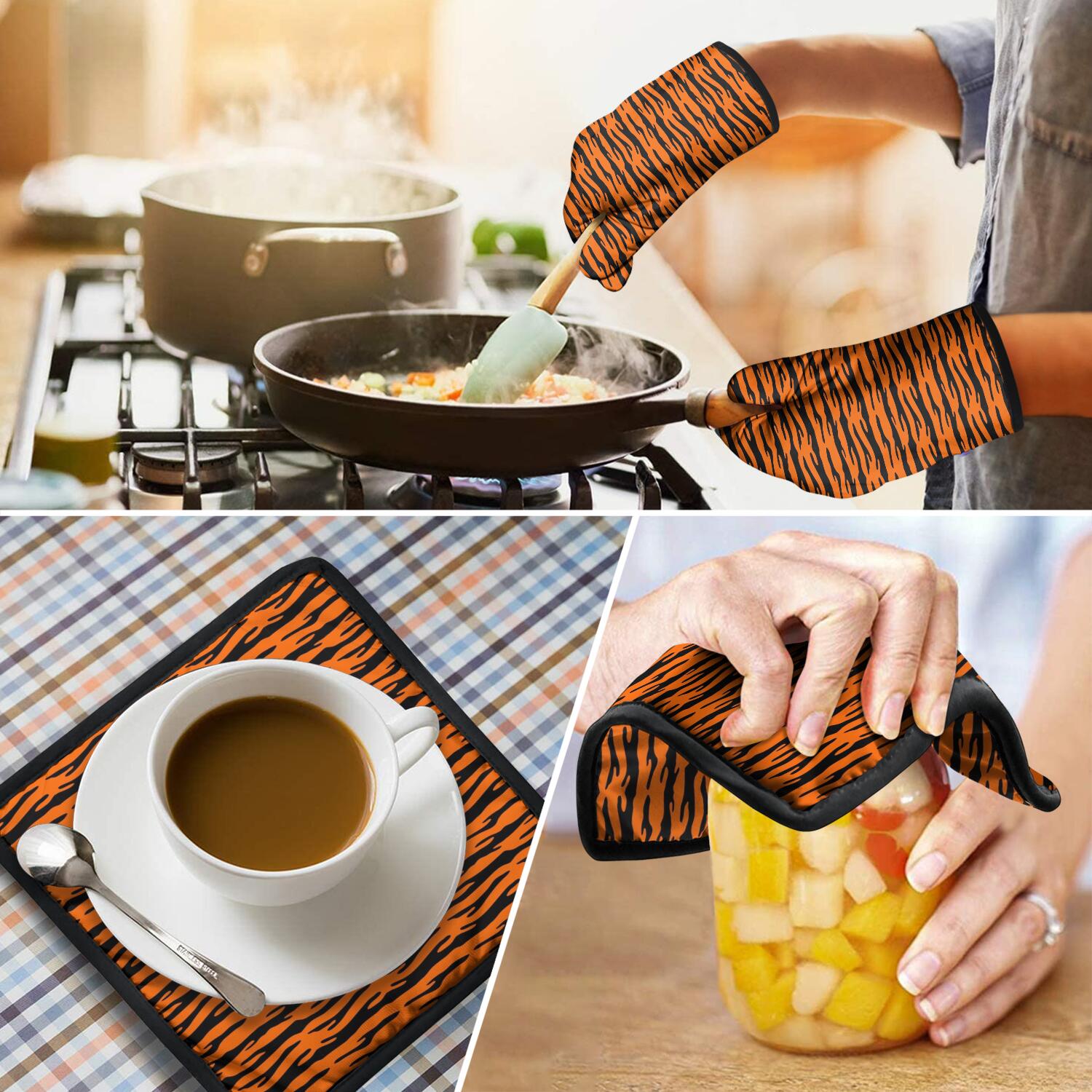 Leopard Print Oven Mitts and Pot Holders Set Of 4, Heat Resistant Kitchen Gloves with Non-Slip Grip, Hanging Loop, Soft Cotton Lining for Baking, Cooking, Grilling, Barbecue