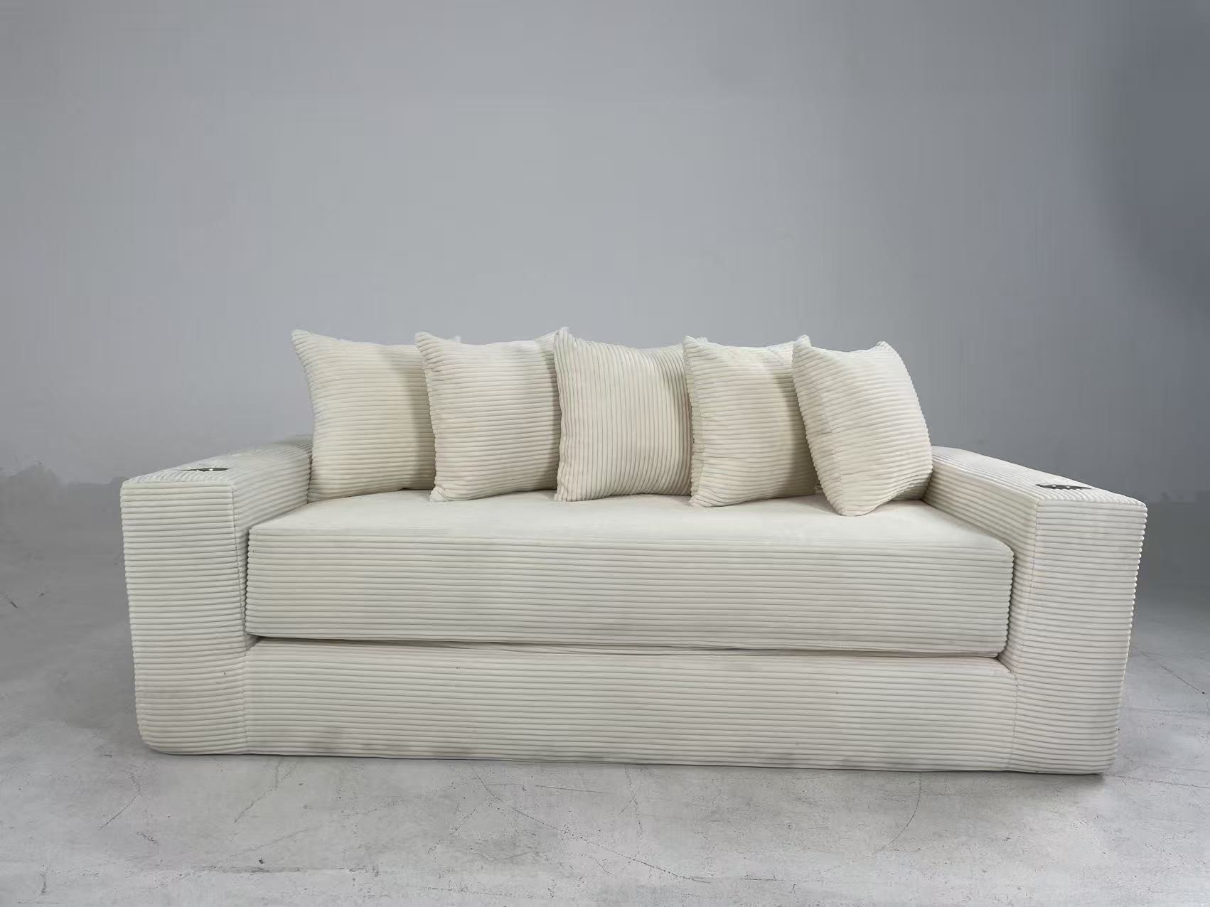 Leumius 76" Convertible Sofa Bed,Corduroy Boneless Couch with Cup Holders & Pocket,2-in-1 Sleeper Sofa Pull-out Couch Bed with 5 Pillows, Living Room, Small Spaces, Bedroom, No Assembly,Beige