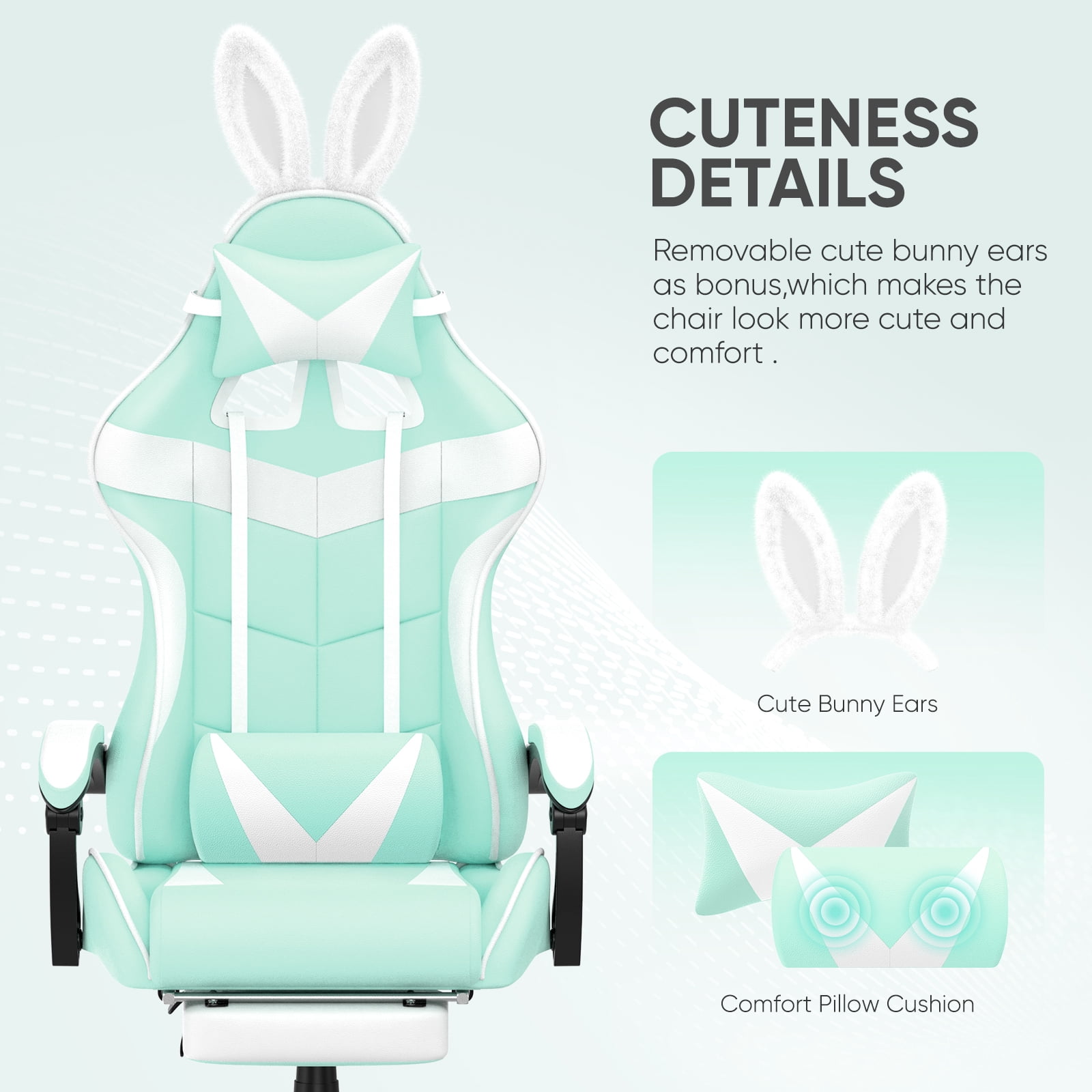 SOONTRANS Purple Gaming Chair with Footrest, Lovely Cute Bunny Ear Game Gamer Computer Chair with Massage Lumbar Support Headrest, Kawaii Desk Chair Chairs for Granddaughter,Sister,Girlfriend