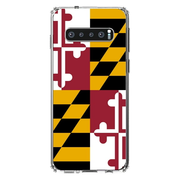 DistinctInk Clear Shockproof Hybrid Case for Samsung Galaxy S10  PLUS(6.4" Screen) - TPU Bumper, Acrylic Back, Tempered Glass Screen Protector - Maryland State Flag -Maryland