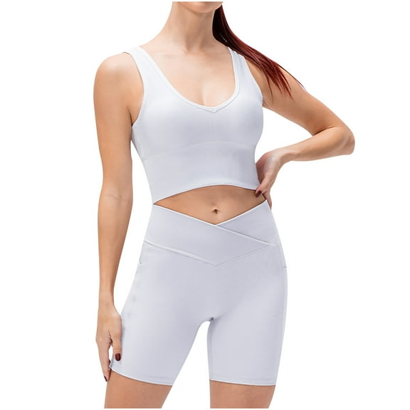 Women's Workout Outfits 2 Piece Set Round Neck Sleeveless Sports Crop Tops and V Cross Yoga Shorts Sets Active Wear
