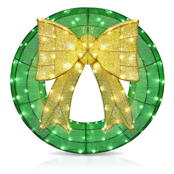 SalonMore 24in Pre-lit Christmas Wreath, Lighted Metal Decor with Golden Bow & Dual-Tone LEDs for Door Wall