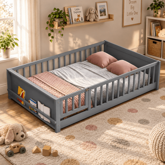 Miniyam Full Size Kids Floor Bed with Guardrails, Door and Book Storage, Gray