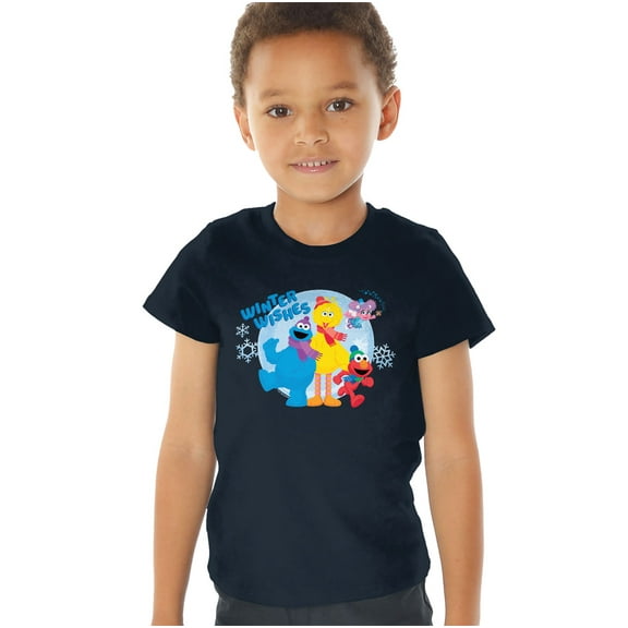 Sesame Street Winter Wishes Elmo, Cookie Monster, Big Bird Kids T Shirt (2) for Toddler Boys and Girls, Navy