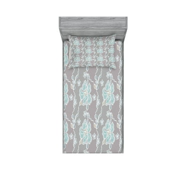 Ambesonne Floral Fitted Sheet & Pillow Sham Set, Victorian Vintage Soft, Twin, Grey Seafoam Tan