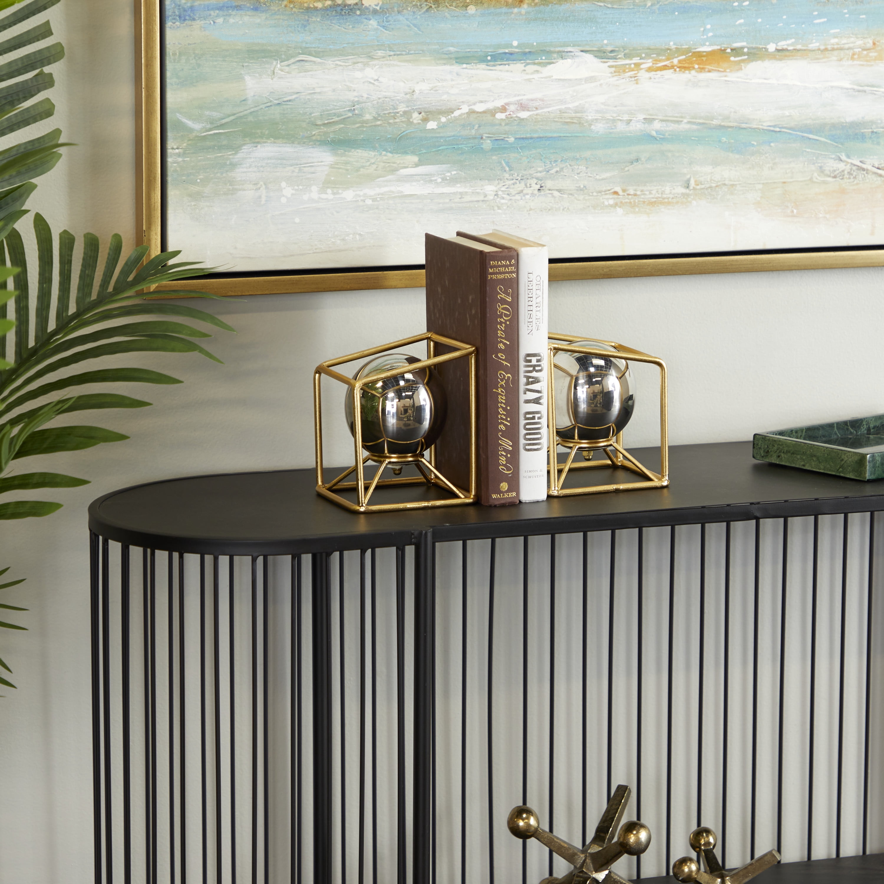 DecMode Contemporary Gold Stainless Steel Open Cube with Silver Balls Globe Bookends, Set of 2 5"W x 6"H