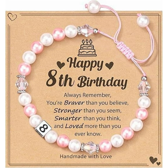 1-8 Year Old Girl Birthday Gift, Adjustable Pink White Pearl and Letter Charm Bracelet for Daughter Niece Granddaughter Girls (8th)