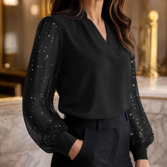 ClodeEU Women's V Neck Lace Long Puff Sleeve Chiffon Blouse,Elegant Solid Office Casual Dressy Top Black,Women's Plus L