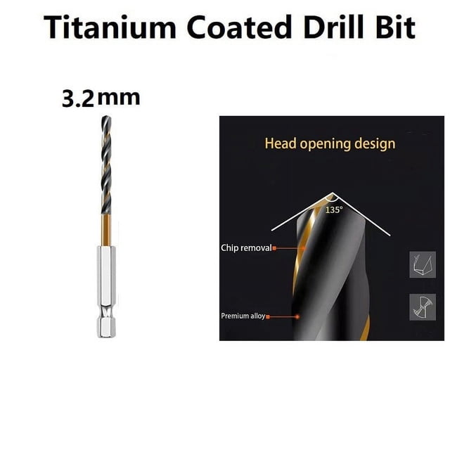 1 Pcs HSS High Speed Steel Titanium Coated Drill Bit Set 1/4 Hex Shank 3.2mm