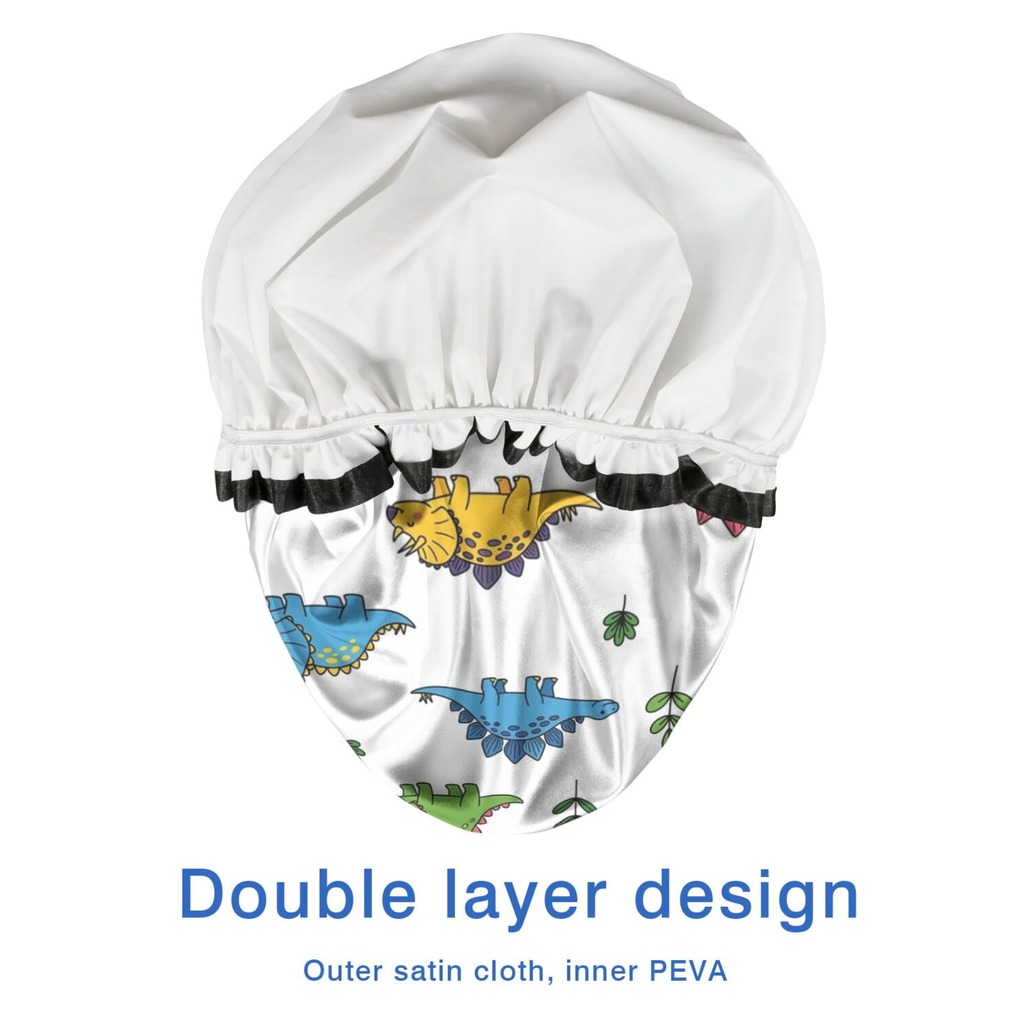 Shower Caps,White Dinosaurs Plants Pattern Waterproof Shower Cap for Women 4 Pieces,Double Reusable Hair Cover for Shower PEVA Elastic Stretch Hem